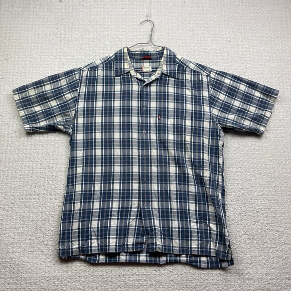 Levi's Shirt Men's L Blue Plaid Short Sleeve Snap Western Cowboy Outdoor Casual - Picture 1 of 16